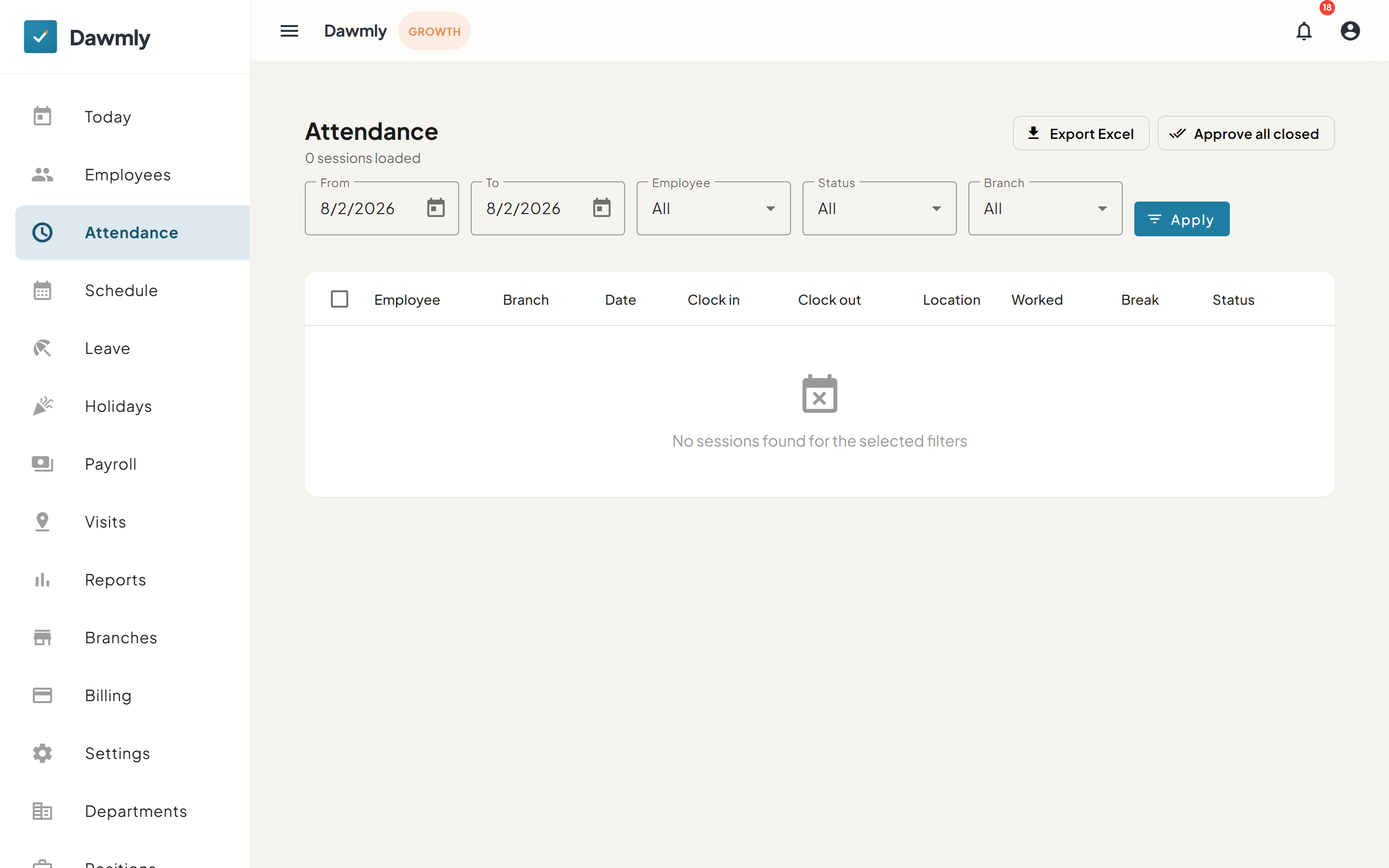 The Attendance screen showing attendance filters and log table