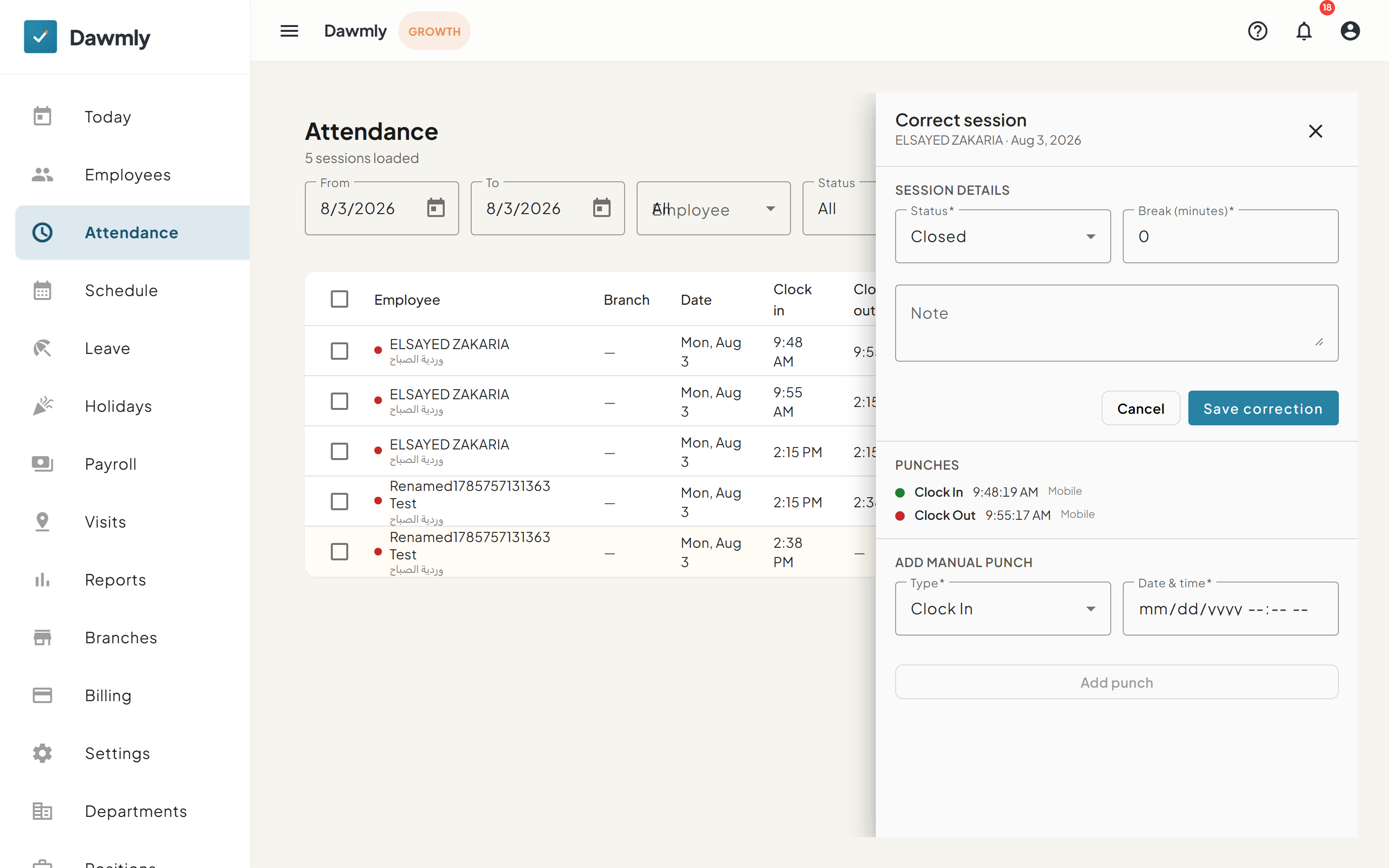 The Correct Session drawer showing session status, break adjustments, and note
