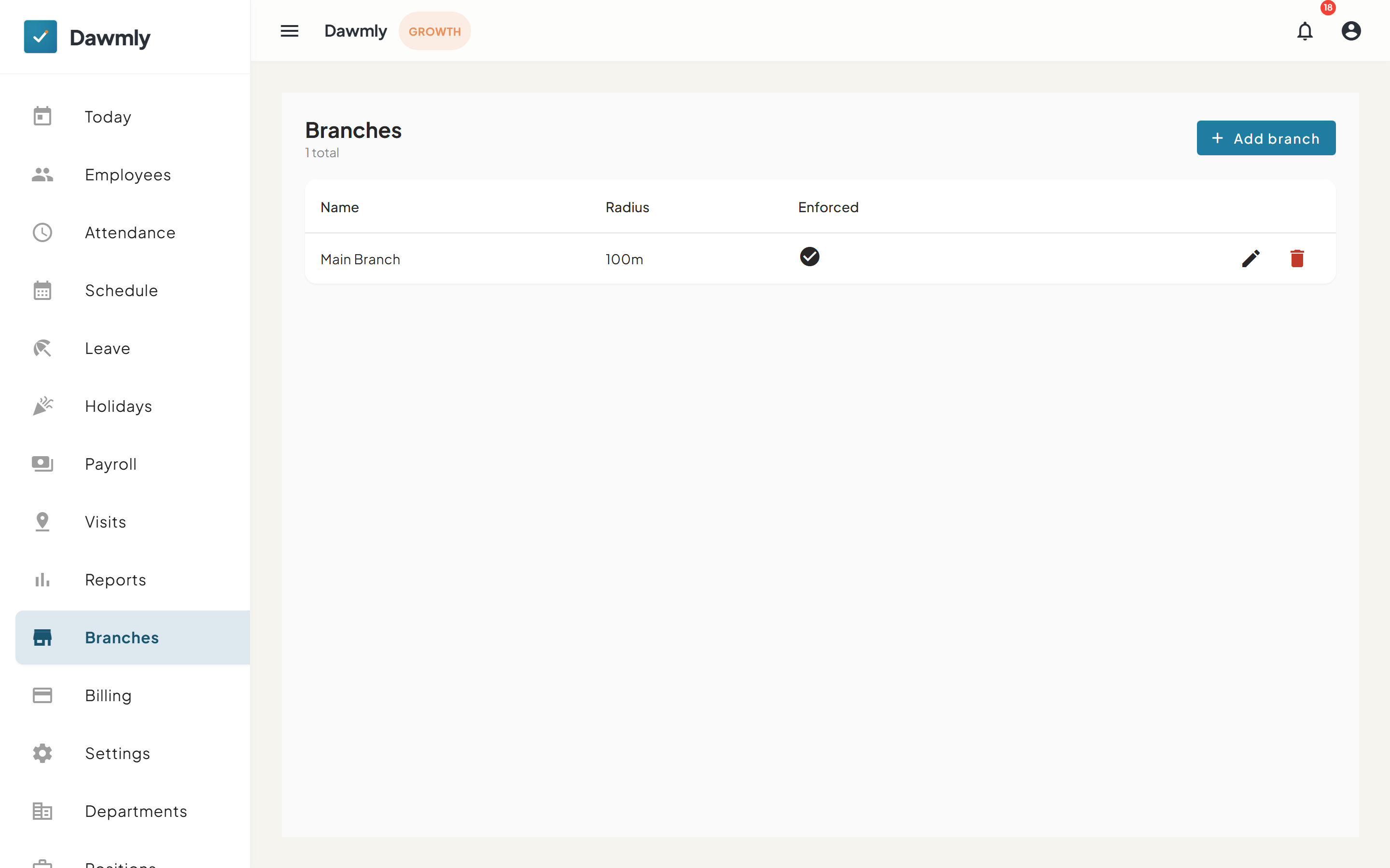The Branches screen showing branch list and geofence radius settings
