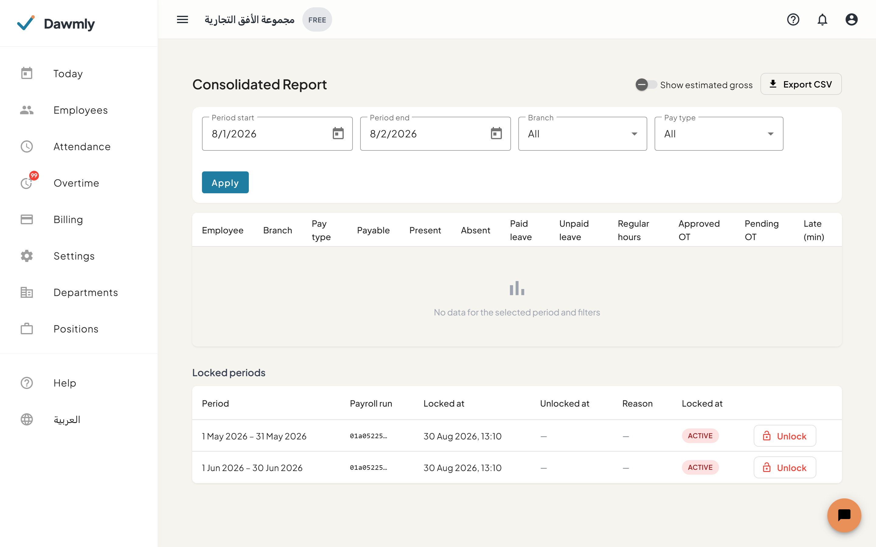The Consolidated Report screen showing date filters and consolidated workforce table