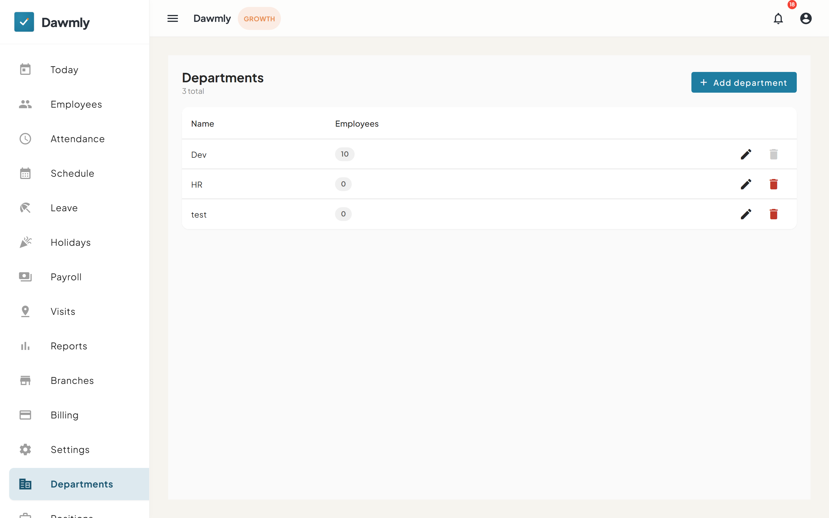 The Departments screen showing department list and employee counts