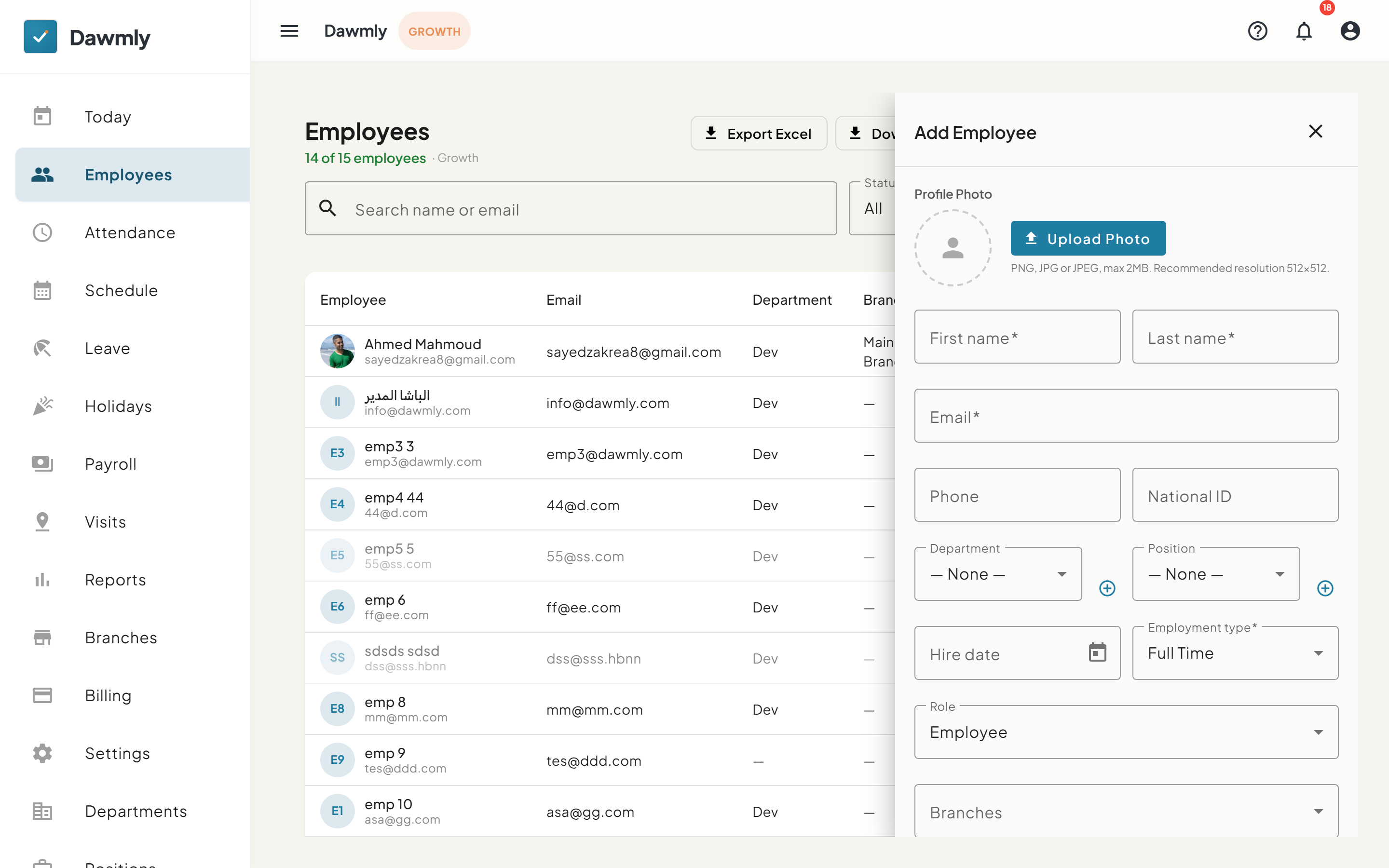 The Add Employee drawer showing profile details, department, and role fields