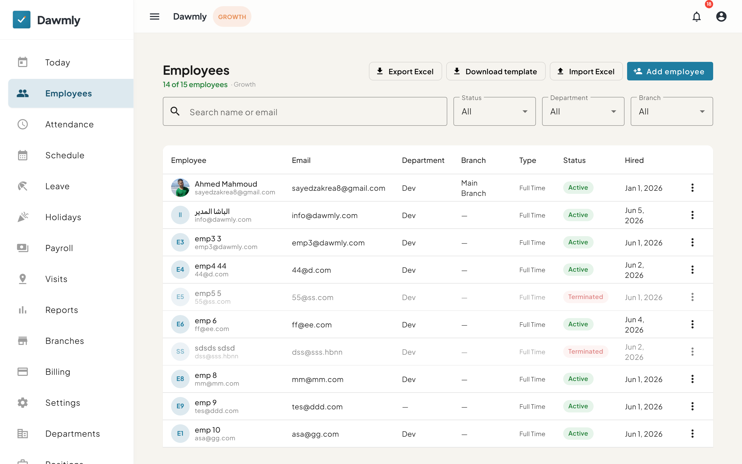 The Employees screen showing the employee table and search filters