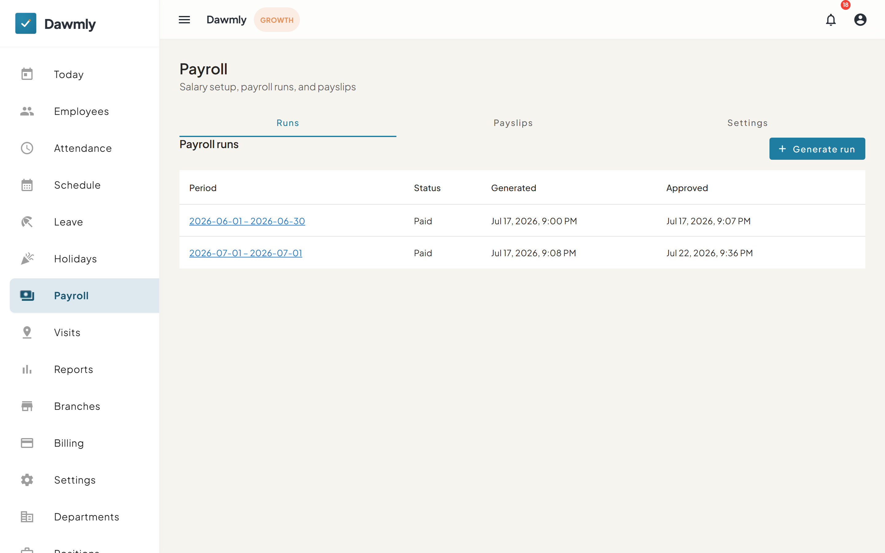 The Payroll screen showing payroll runs table and navigation tabs