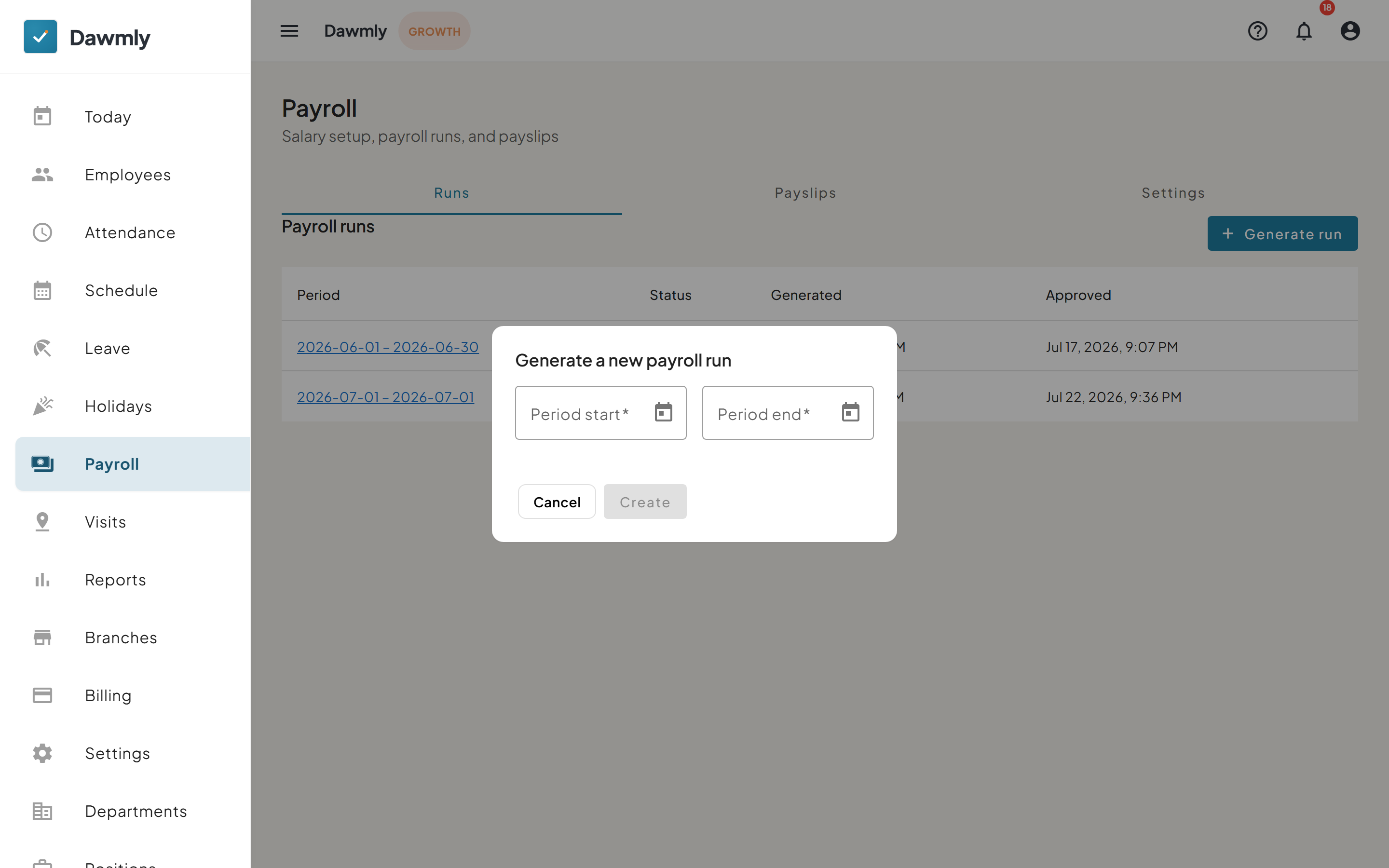 The Generate Payroll Run dialog showing date period selection