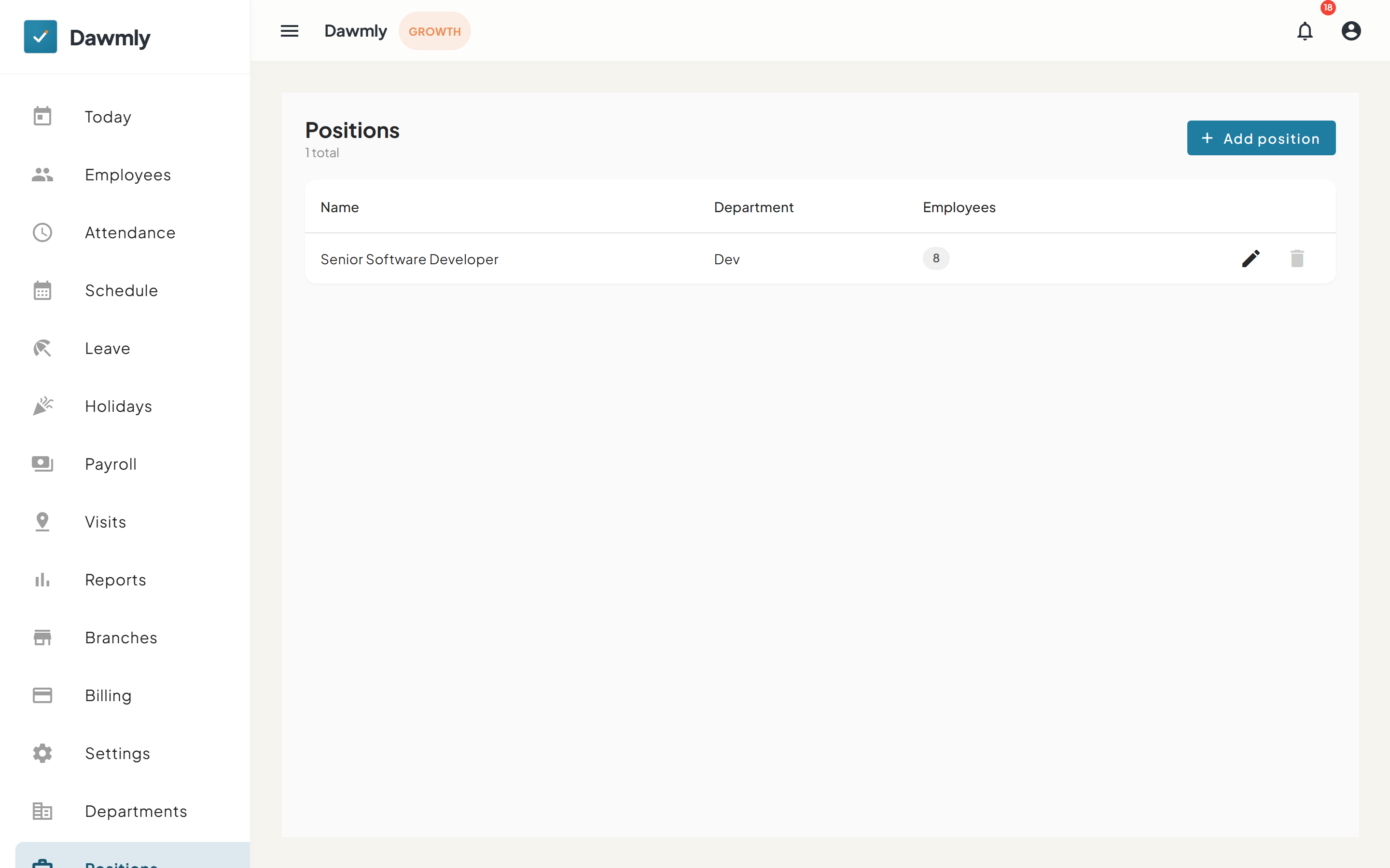 The Positions screen showing job titles list