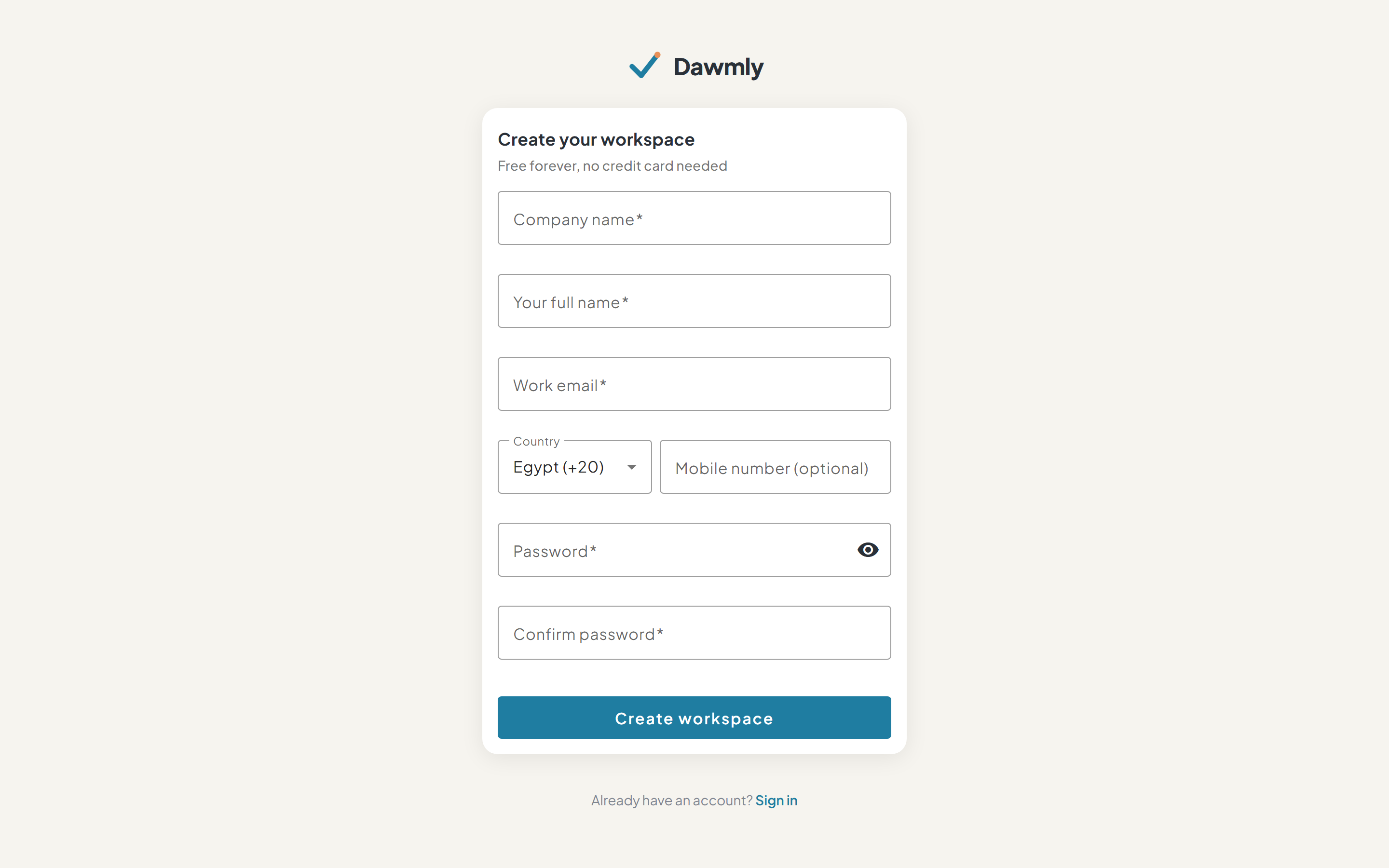The Register screen showing company and administrator sign-up fields