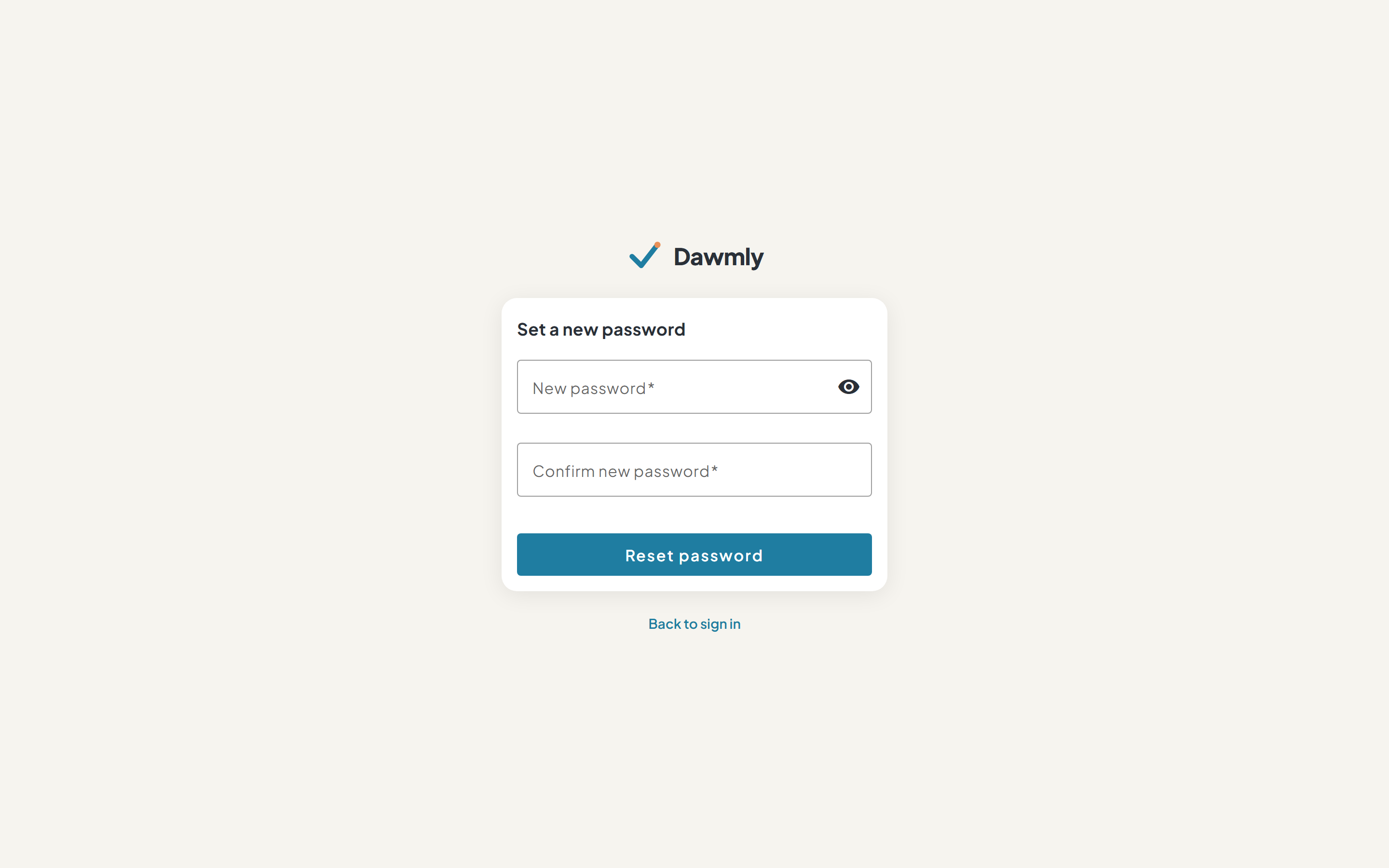 The Reset password screen showing new password input fields