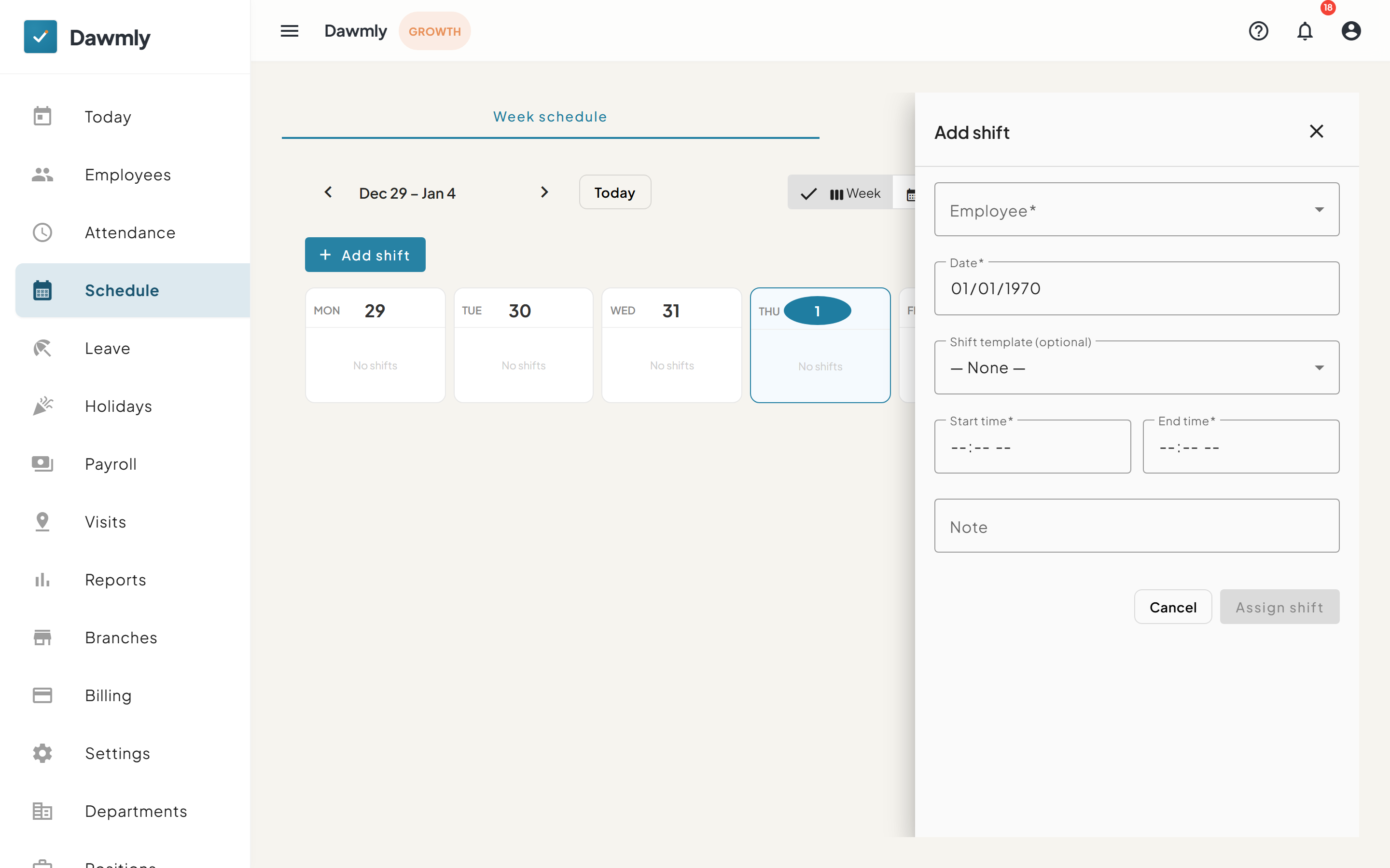 The Assign Shift drawer showing employee selection, date, and shift templates