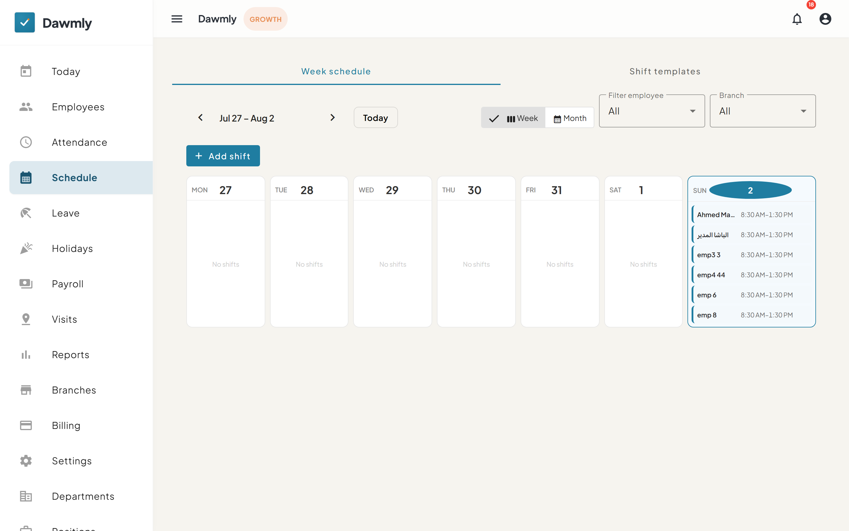 The Schedule screen showing weekly shift assignment matrix