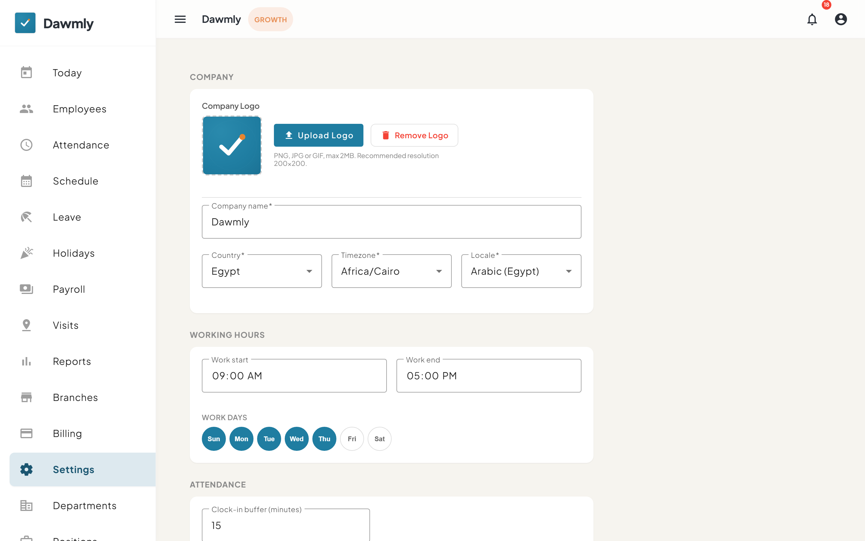 The Settings screen showing company profile fields and timezone dropdown
