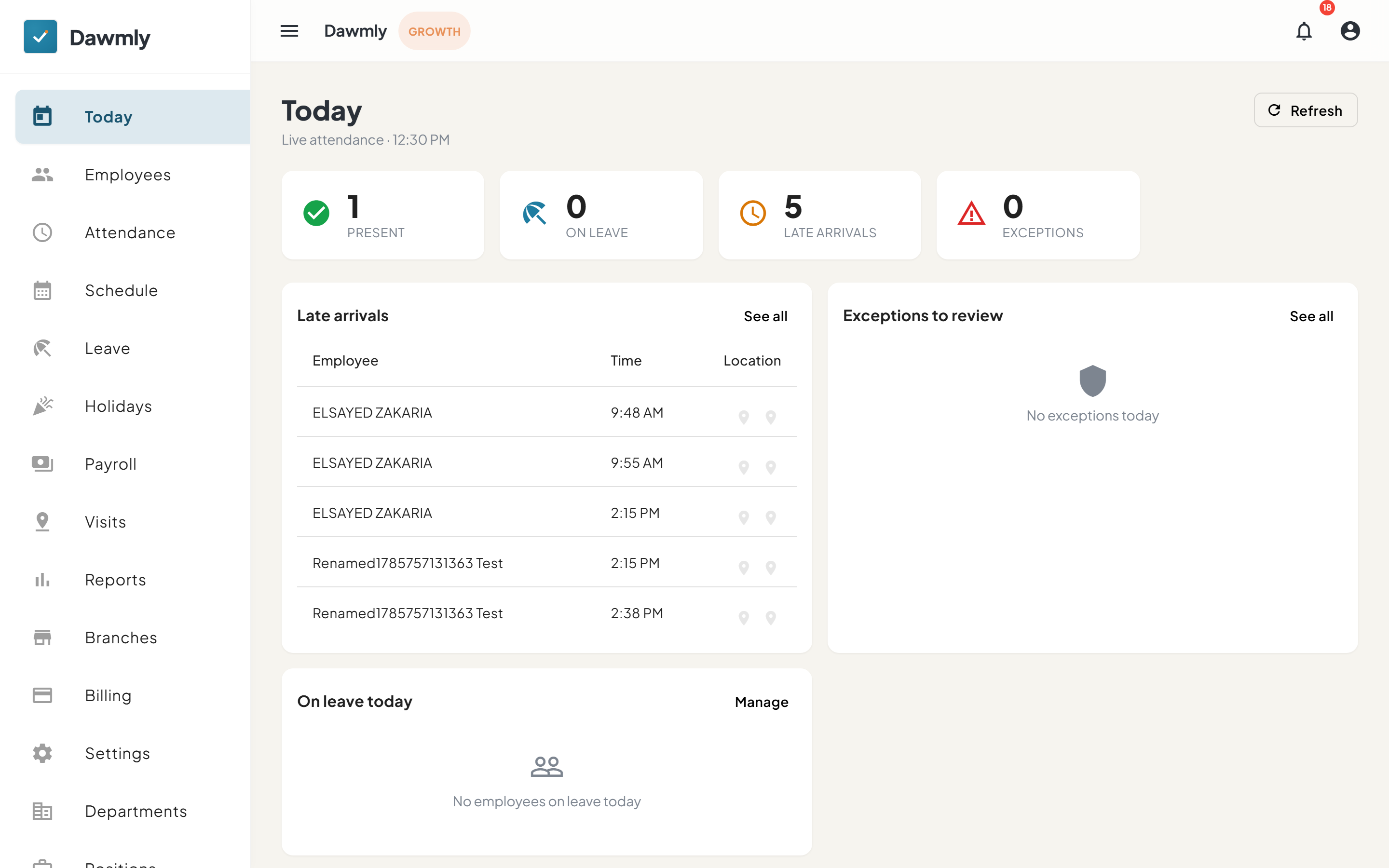 The Today screen showing attendance status cards and detail panels