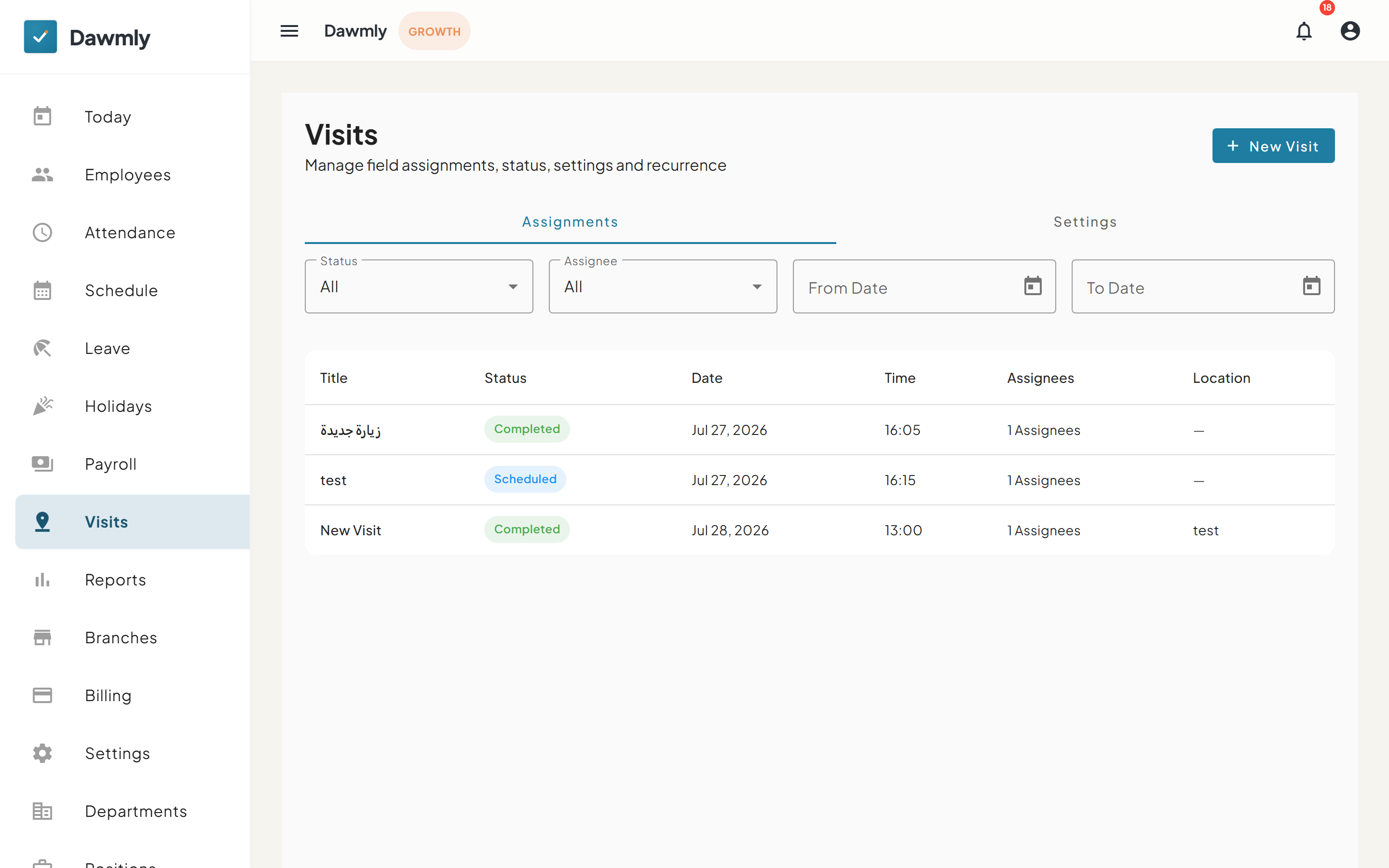 The Visits screen showing field visit logs table and status filters